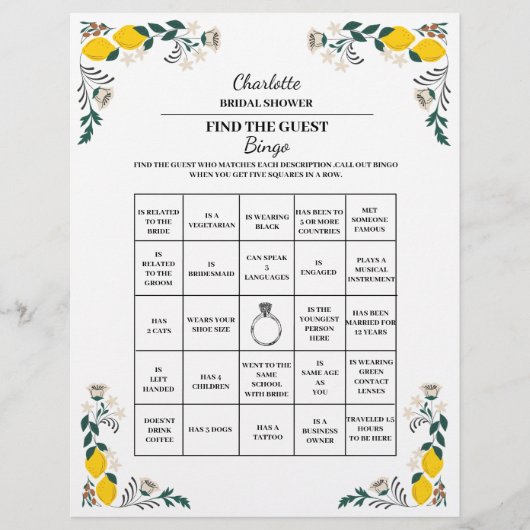 Citroenen Thema Vind De Gast Bruidsfeest Bingo  Flyer (Voorkant)