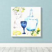 Citroenen uit de Middellandse Zee en blauw glas Canvas Afdruk (Insitu (Houten vloer))