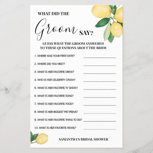 Citroenen Wat zei de Bruidegom Bruidsfeest Spelkaa Flyer (Voorkant)