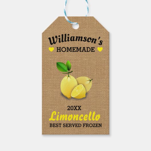 Citroenen zelfgemaakte Limoncello rustieke jute Cadeaulabel (Voorkant)