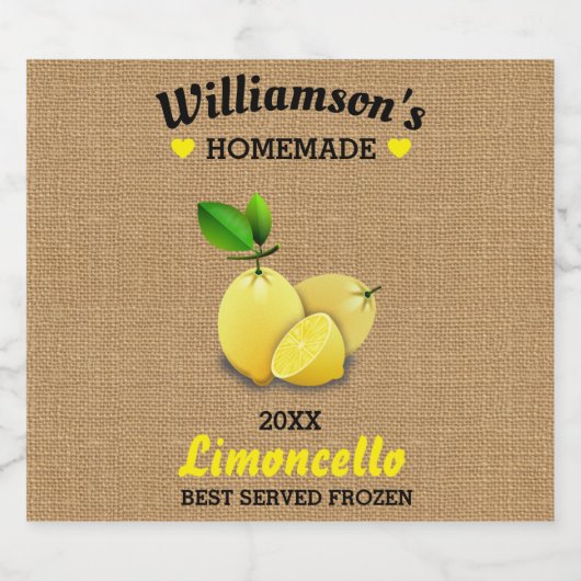 Citroenen zelfgemaakte Limoncello rustieke jute Likeurfles Etiket (Enkel label)