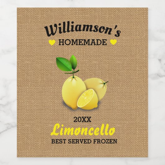 Citroenen zelfgemaakte Limoncello rustieke jute Wijn Etiket (Enkel label)
