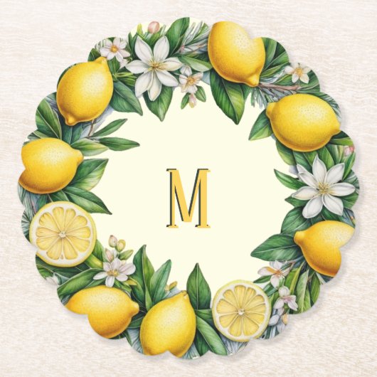 Citroenfruitbloemen verse citrus monogrammed kartonnen onderzetters (Voorkant)