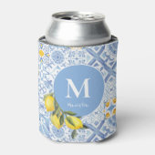 Citroenfruitmonogram, blauwe tegel blikjeskoeler (Blikje Voorkant)