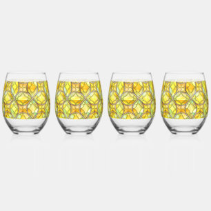 Citroengeel, Glas-in-lood Patroon, Mediterraan  Wijnglas Zonder Voet