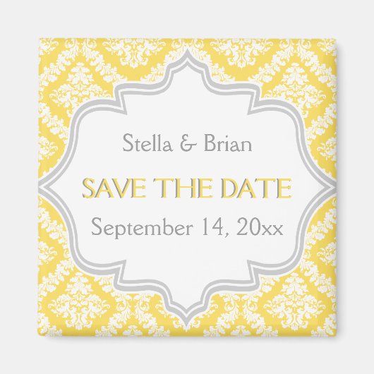 Citroengeel, grijs damast bruiloft Save the Date Magneet (Voorkant)