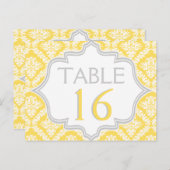 Citroengeel, grijs damast trouwtafel nummer briefkaart (Voorkant / Achterkant)