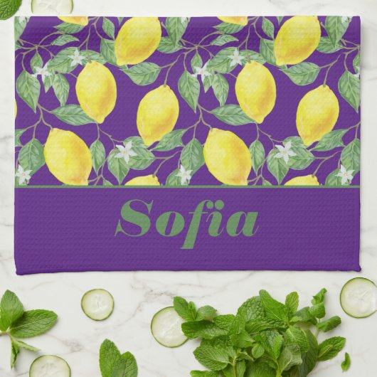Citroengeel patroon aangepaste naam paarse theedoek (Gevouwen)