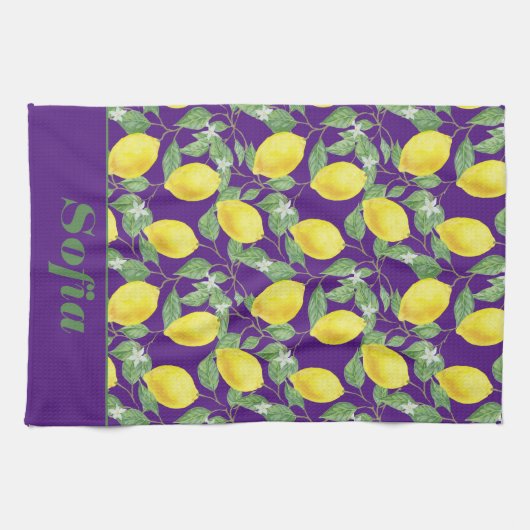 Citroengeel patroon aangepaste naam paarse theedoek (Horizontaal)
