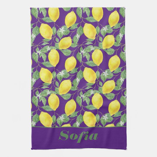 Citroengeel patroon aangepaste naam paarse theedoek (Verticaal)