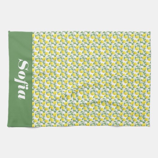 Citroengeel patroon aangepaste naam wit theedoek (Horizontaal)