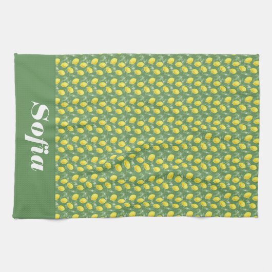 Citroengeel patroon aangepaste naam wit theedoek (Horizontaal)