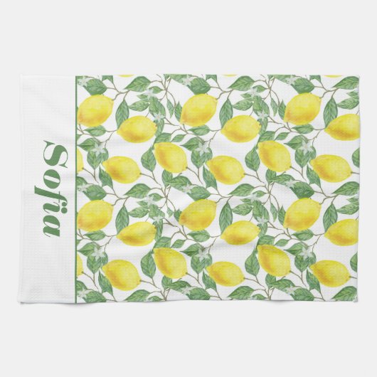 Citroengeel patroon aangepaste naam wit theedoek (Horizontaal)