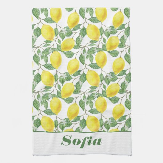 Citroengeel patroon aangepaste naam wit theedoek (Verticaal)