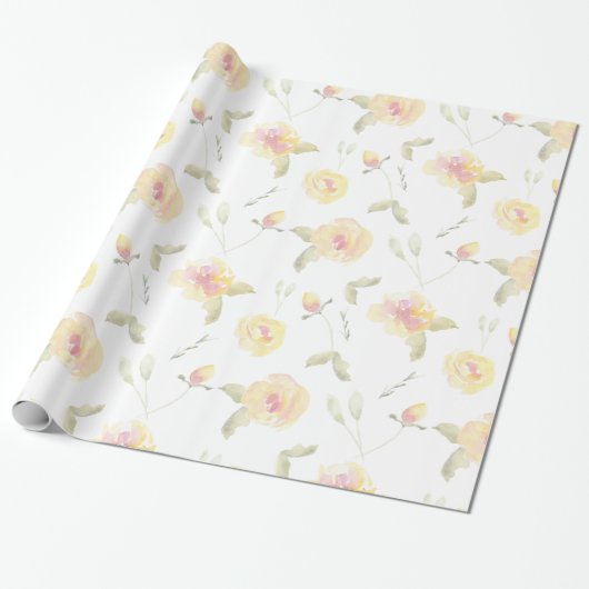 Citroengele Aquarel Bloemen Bruidsdouche Cadeaupapier (Uitgerold)