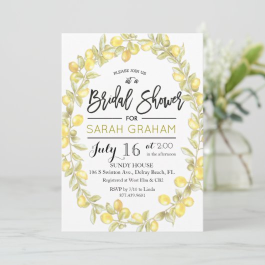 Citroenkrans Waterverf bruids doucheuitnodiging Kaart (Staand voorkant)