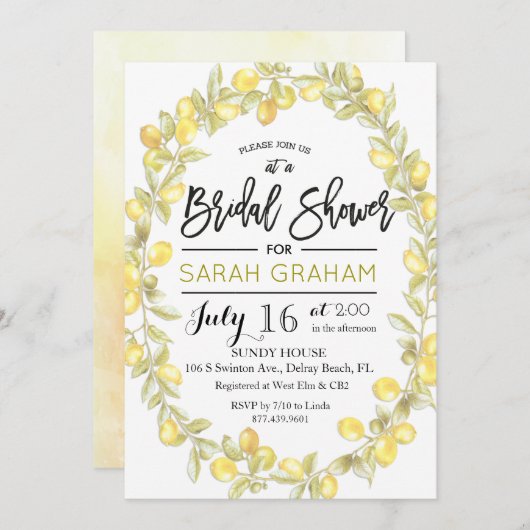 Citroenkrans Waterverf bruids doucheuitnodiging Kaart (Voorkant / Achterkant)