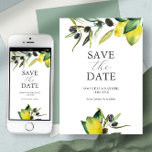 Citroenolijf Save The Date Modern Waterverf<br><div class="desc">Kondig uw verloving aan met deze moderne bewaarkaart. Het bevat een mix van klassieke en scripttypografie met een boarder van mijn originele waterverf gele citroenen en olijftakken op een heldere witte achtergrond. De kaart verandert in een gratis wijze groene kleur. De kleuren kunnen worden aangepast aan uw bruiloft kleurenschema. Gebruik...</div>