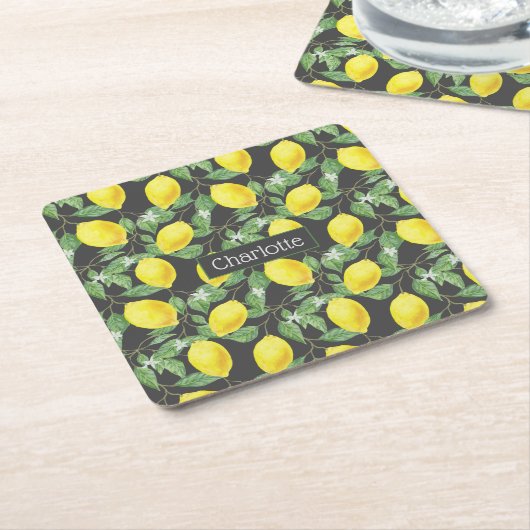 Citroenpatroon aangepaste naam geel grijs kartonnen onderzetters (Schuin)