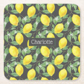 Citroenpatroon aangepaste naam geel grijs kartonnen onderzetters (Voorkant)