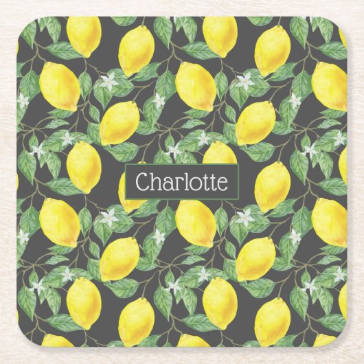 Citroenpatroon aangepaste naam geel grijs kartonnen onderzetters (Voorkant)