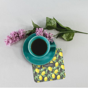 Citroenpatroon aangepaste naam geel grijs kartonnen onderzetters