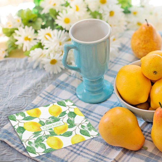 Citroenpatroon aangepaste naam geel kartonnen onderzetters