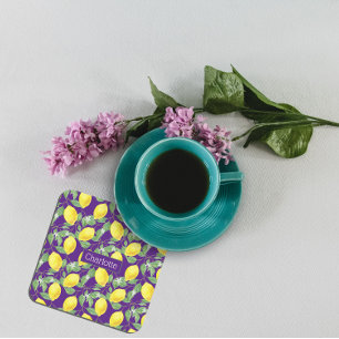 Citroenpatroon aangepaste naam geel paarse kartonnen onderzetters