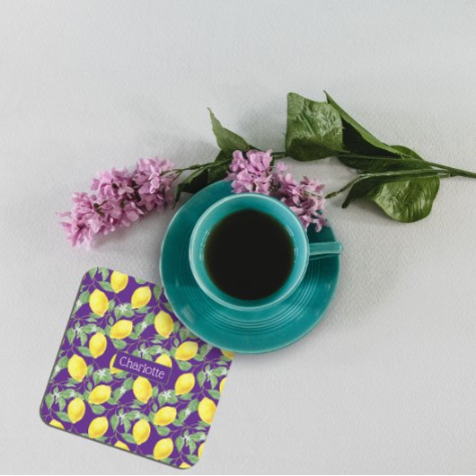 Citroenpatroon aangepaste naam geel paarse kartonnen onderzetters