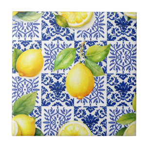 Citroenpatroon Blauw Wit Mediterraan Citrus Tegeltje