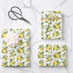 Citroenpatroon, citroenbloemen, bladeren, citrus inpakpapier vel