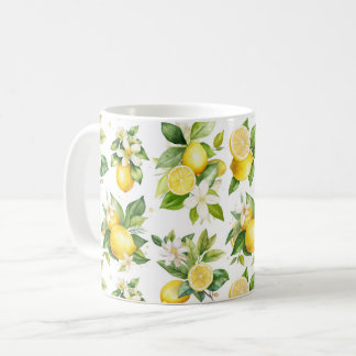 Citroenpatroon, citroenbloemen, bladeren, citrus koffiemok