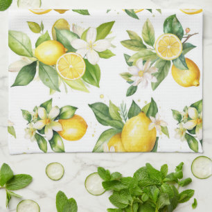Citroenpatroon, citroenbloemen, bladeren, citrus theedoek