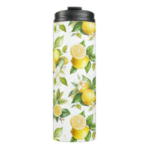 Citroenpatroon, citroenbloemen, bladeren, citrus thermosbeker