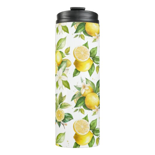 Citroenpatroon, citroenbloemen, bladeren, citrus thermosbeker (Voorkant)