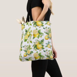 Citroenpatroon, citroenbloemen, bladeren, citrus tote bag