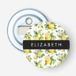 Citroenpatroon, citroenbloemen, bladeren, Jouw naa Button Flesopener