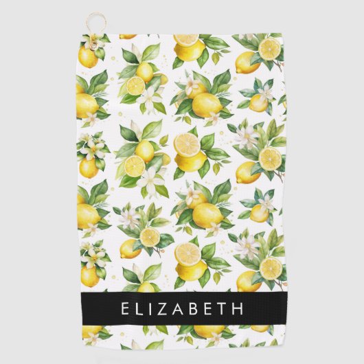 Citroenpatroon, citroenbloemen, bladeren, Jouw naa Golfhanddoek (Voorkant)