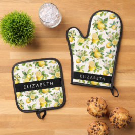 Citroenpatroon, citroenbloemen, bladeren, Jouw naa Ovenwant & Pannenlap Set