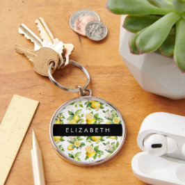Citroenpatroon, citroenbloemen, bladeren, Jouw naa Sleutelhanger
