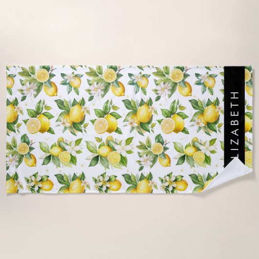 Citroenpatroon, citroenbloemen, bladeren, Jouw naa Strandlaken (Voorkant)