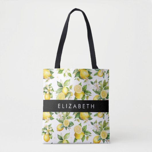 Citroenpatroon, citroenbloemen, bladeren, Jouw naa Tote Bag (Voorkant)
