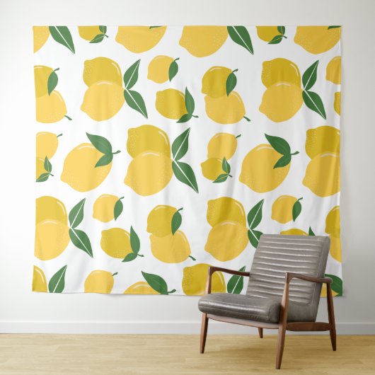 Citroenpatroon Retro Fruit Geel op Wit Wandkleed (In Situ (horizontaal))