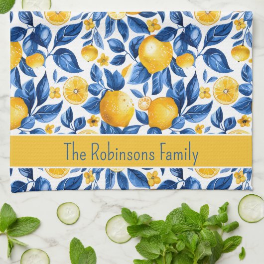Citroenpatroon Tropisch Fruit Custom Family Name Theedoek (Gevouwen)