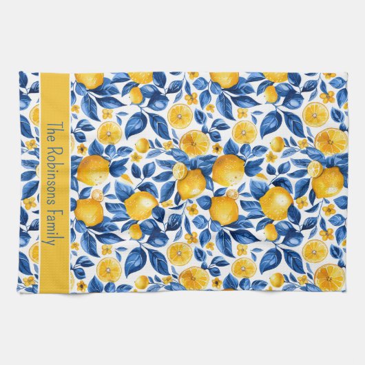 Citroenpatroon Tropisch Fruit Custom Family Name Theedoek (Horizontaal)