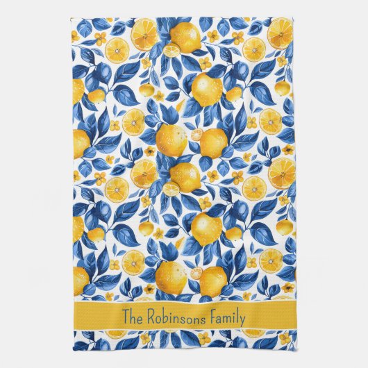 Citroenpatroon Tropisch Fruit Custom Family Name Theedoek (Verticaal)