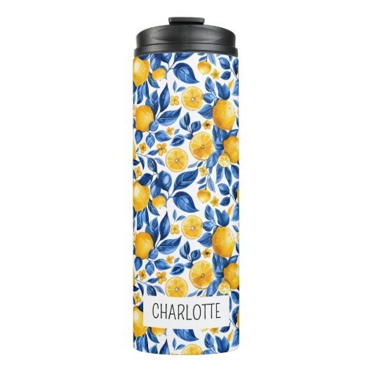 Citroenpatroon Tropische Fruit Gepersonaliseerde N Thermosbeker (Voorkant)