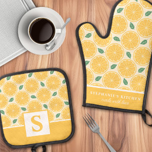 Citroenplakjes Citrus Schattige Zomer Monogrammed Ovenwant & Pannenlap Set