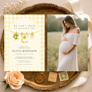 Citroensqueeze geruite foto baby shower kaart