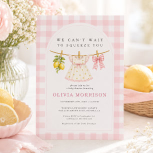 Citroensqueeze Roze Gingham Meisje Baby Shower Kaart
